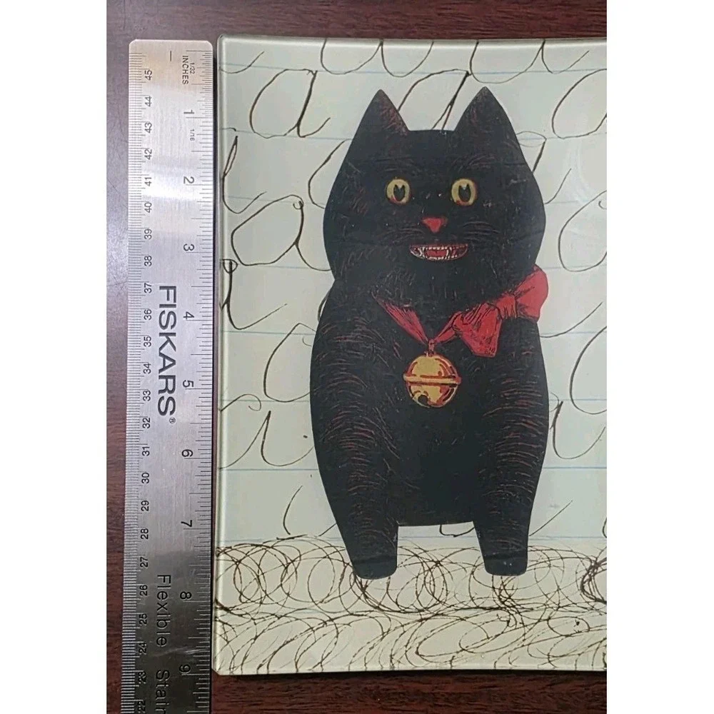 John Derian Decoupage Glass Tray Black Cat Red Bow Bell 6x9 Rectangle New York
